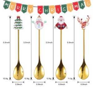 Acewen 4Pcs Christmas Coffee Spoons Santa Claus Christmas Tree Snowman Elk Stainless Steel Gold Spoons for Coffee Dessert Cake Tea Soup Dinner Tableware Practical Xmas Gift