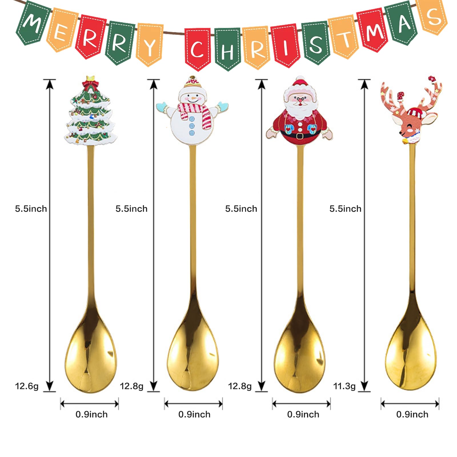 Acewen 4Pcs Christmas Coffee Spoons Santa Claus Christmas Tree Snowman Elk Stainless Steel Gold Spoons for Coffee Dessert Cake Tea Soup Dinner Tableware Practical Xmas Gift