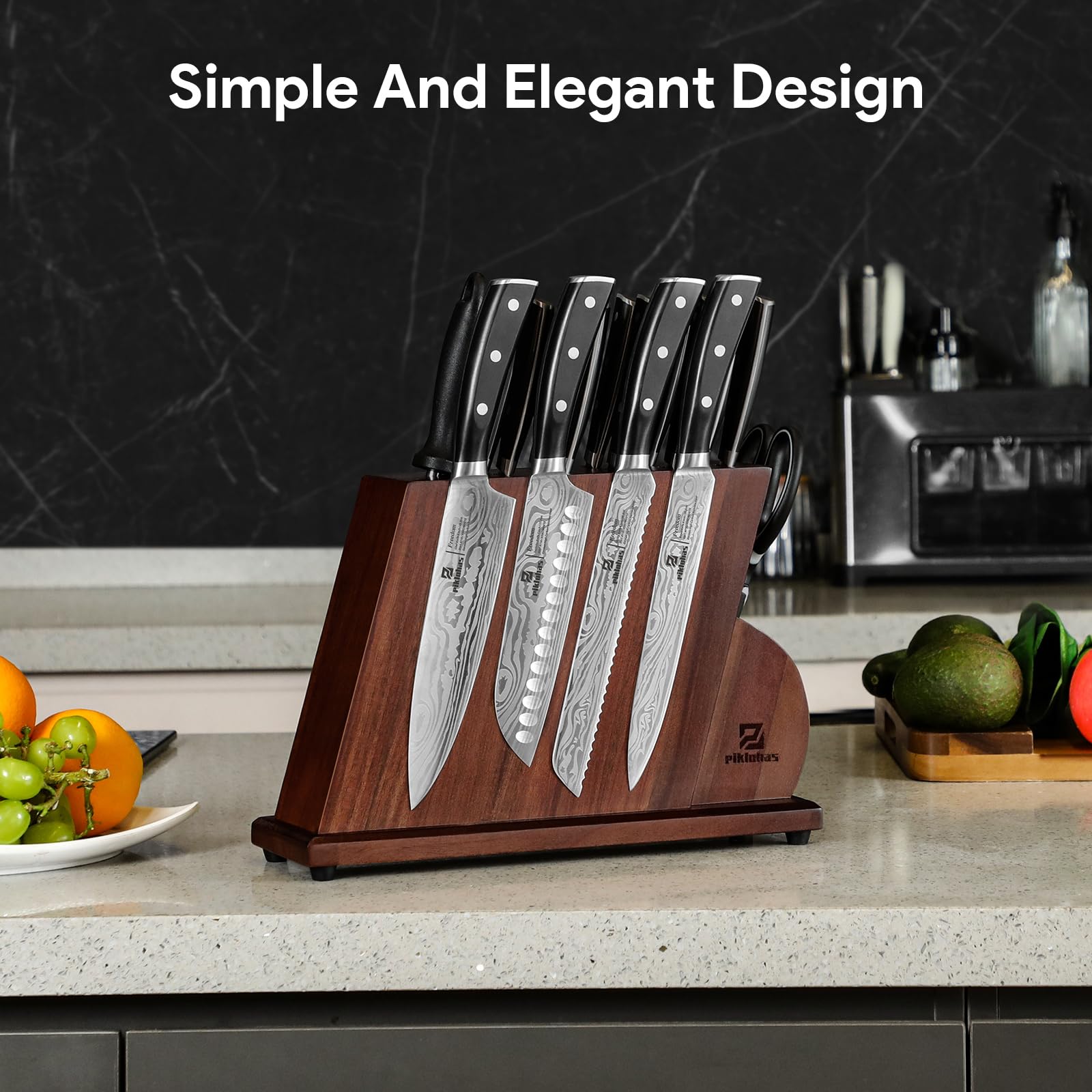 Piklohas Kitchen Knife Sets for Kitchen with Block, 17 Pieces with Magnetic Knife Holder, German High Carbon Stainless Steel Damascus Pattern Chef Knives Set with Sharpener, Steak Knives