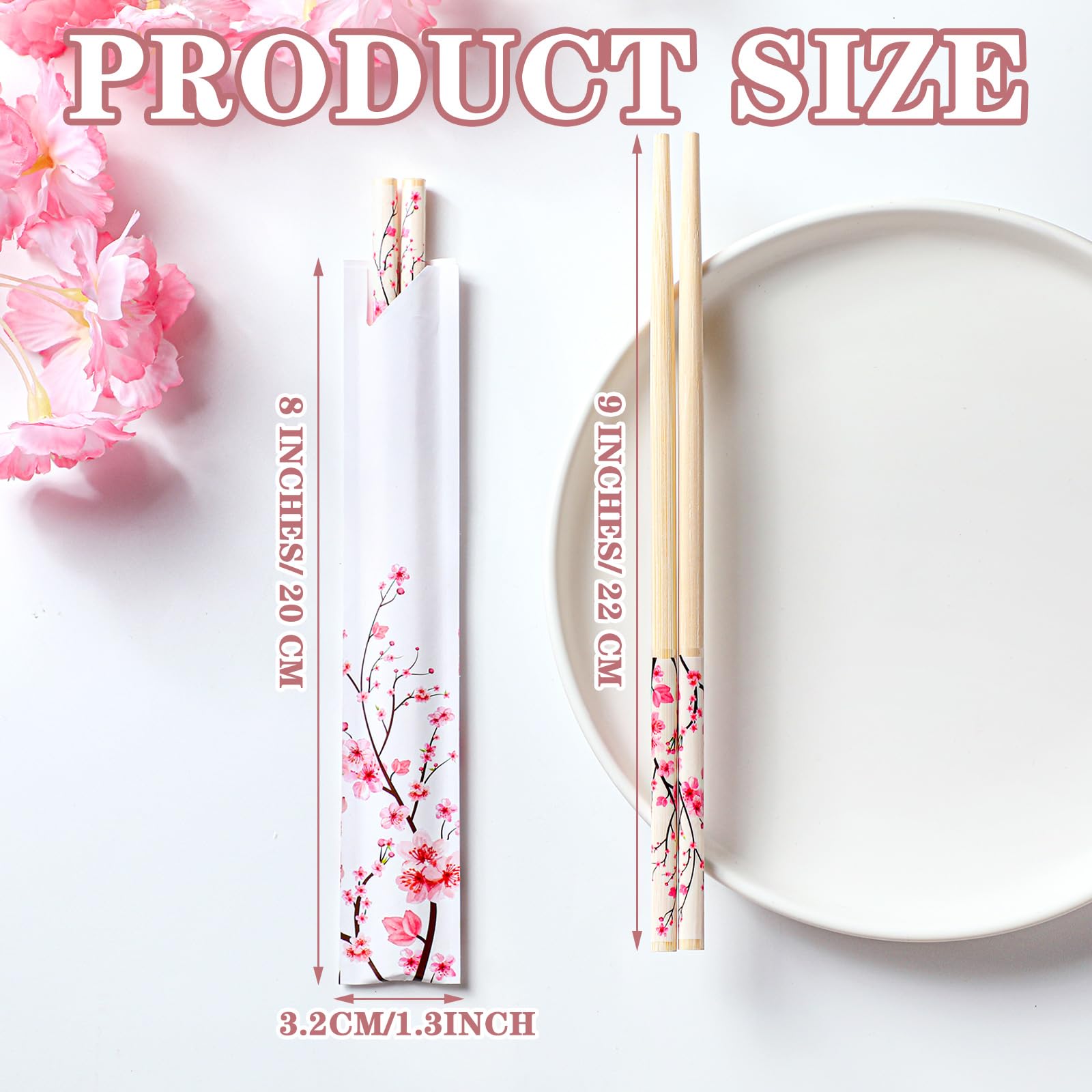 Suttmin 50 Pairs Cherry Blossom Chopsticks Bulk with Chopsticks Sleeved Blue Flower Disposable Bamboo Chopsticks Eucalyptus Wedding Favors Chinese Japanese Food Supply for Takeout Picnic(Cherry)