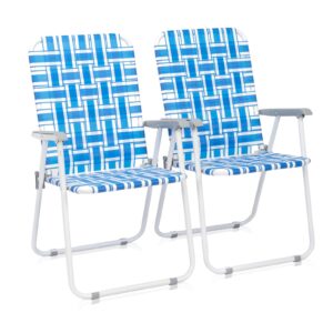 set of 2 patio lawn webbed folding chairs, outdoor beach chair portable camping chair, webbed folding chair for yard, garden(blue& white)