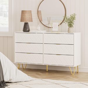 Masupu 6 Drawer Dresser, Modern Drawer Chest, Wide Storage Dresser Chest Cabinet Organizer Unit with Metal Legs, Chest of Drawers for Bedroom, Living Room, Closet, Entryway, White Large