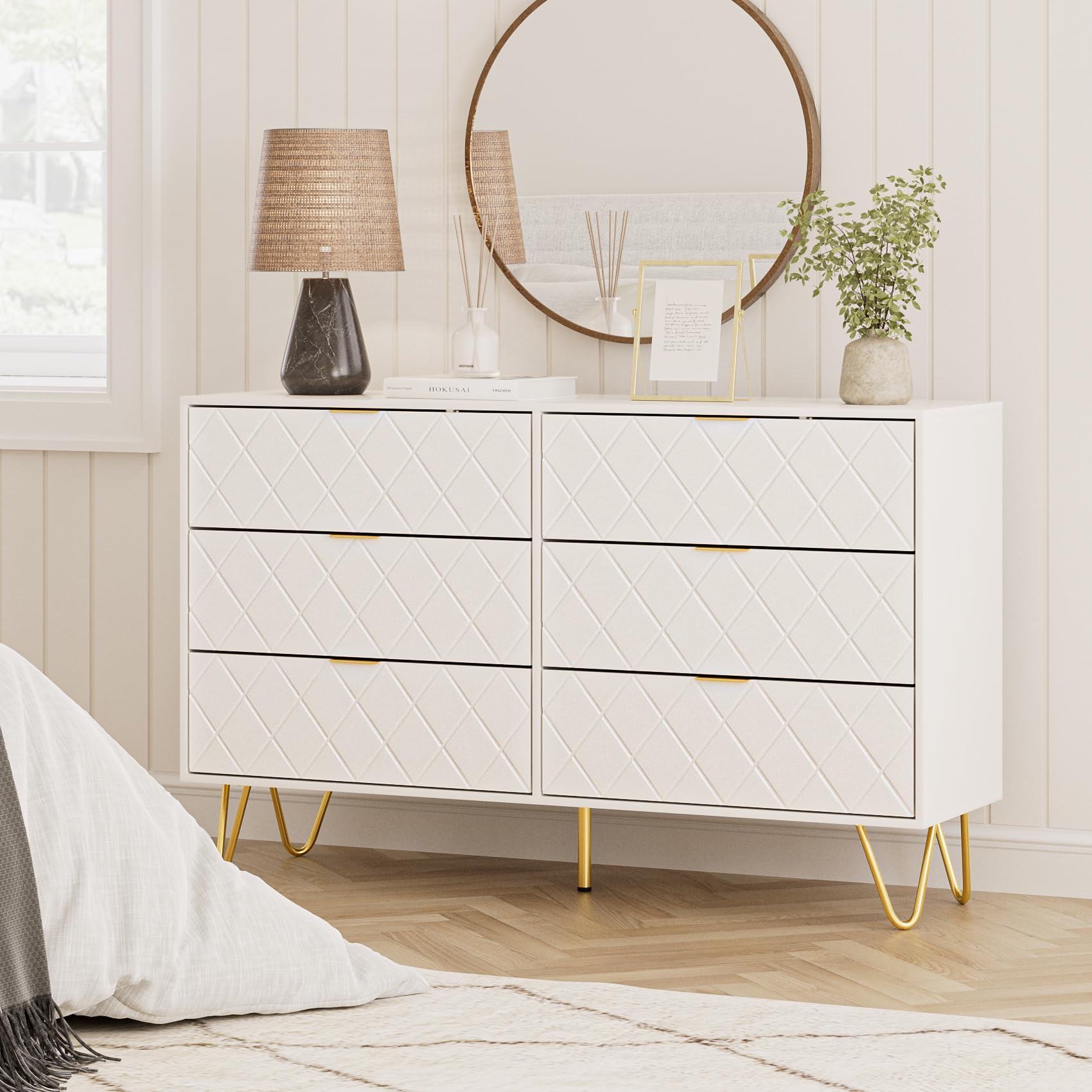 Masupu 6 Drawer Dresser, Modern Drawer Chest, Wide Storage Dresser Chest Cabinet Organizer Unit with Metal Legs, Chest of Drawers for Bedroom, Living Room, Closet, Entryway, White Large