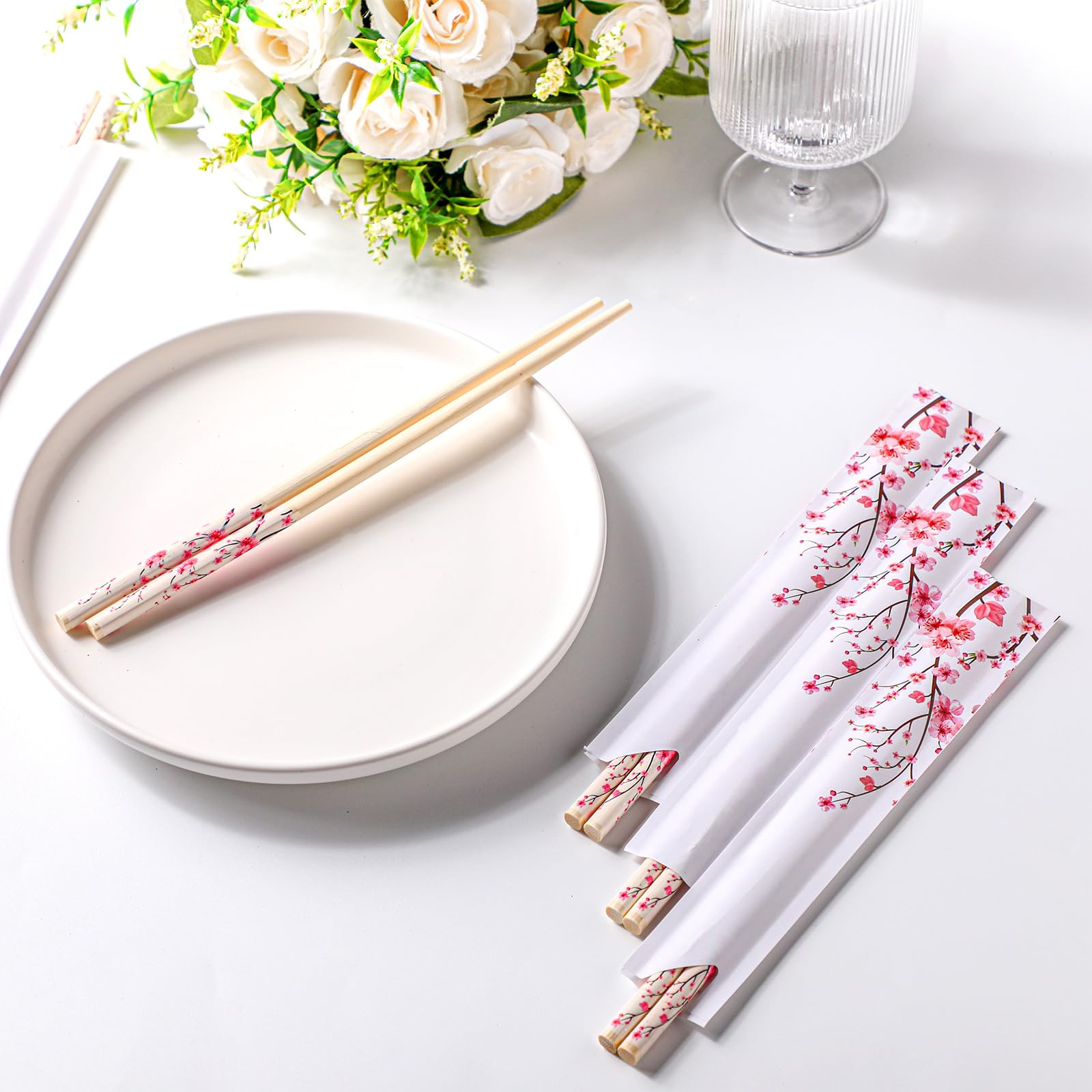 Suttmin 50 Pairs Cherry Blossom Chopsticks Bulk with Chopsticks Sleeved Blue Flower Disposable Bamboo Chopsticks Eucalyptus Wedding Favors Chinese Japanese Food Supply for Takeout Picnic(Cherry)