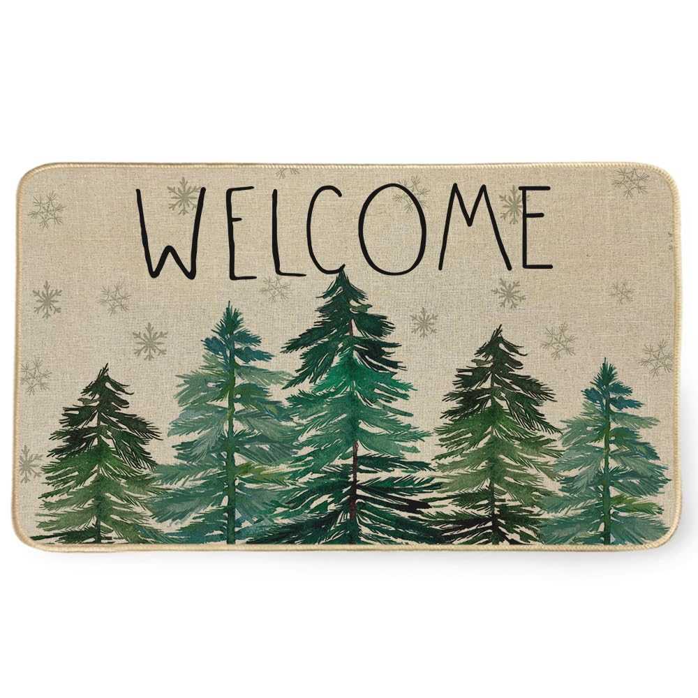 CROWNED BEAUTY Christmas Front Door Mat Pine Trees Doormat for Indoor Outdoor, Entry Rug for Outside Porch Entrance Welcome 17x29 Inch (Green)