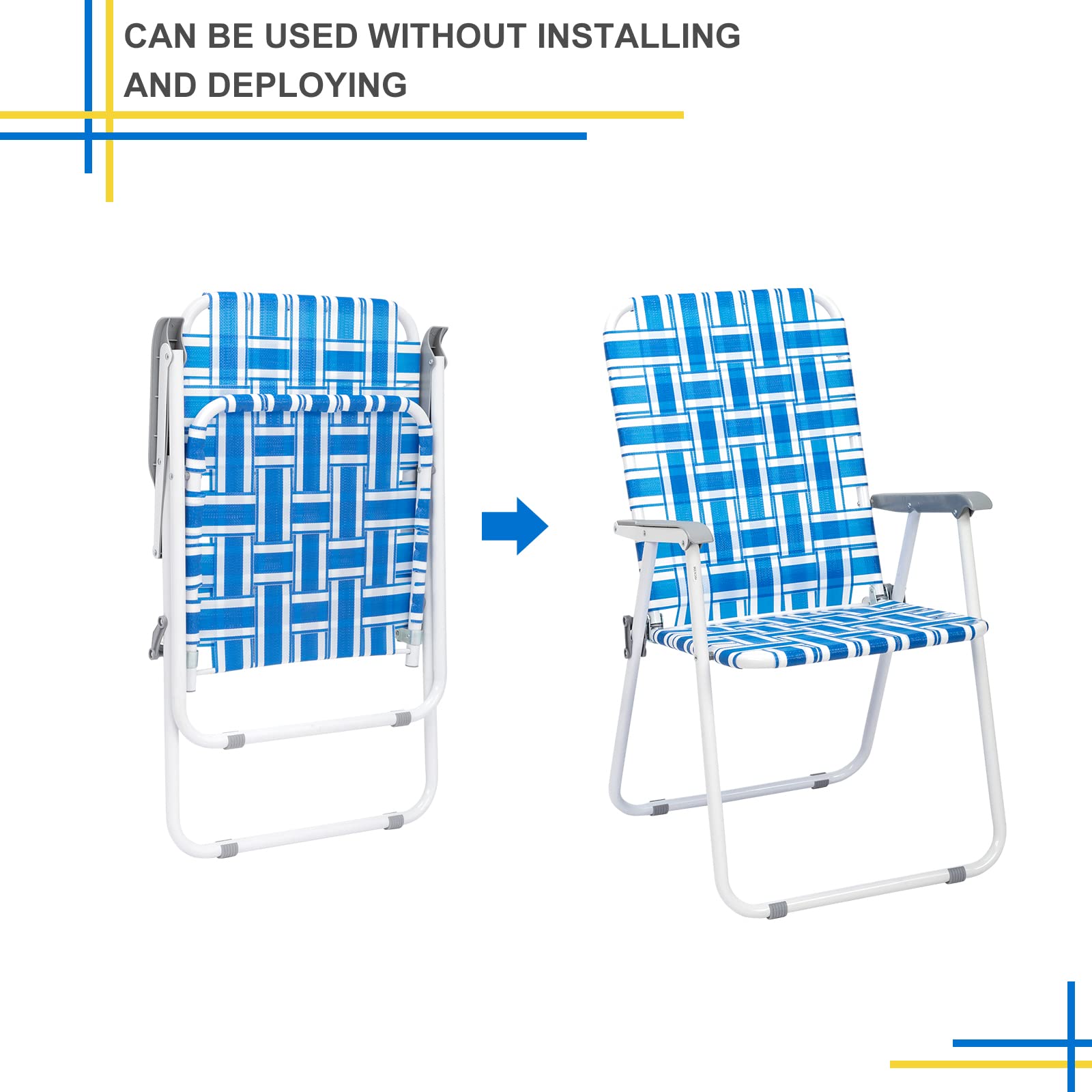 Set of 2 Patio Lawn Webbed Folding Chairs, Outdoor Beach Chair Portable Camping Chair, Webbed Folding Chair for Yard, Garden(Blue& White)