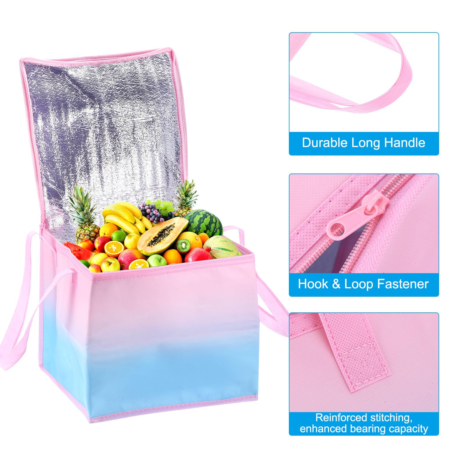 PATIKIL Insulated Grocery Bag, Non-woven Fabric Food Delivery Tote Thermal Cake Carrying Bags Food Container for Home Office Restaurant, 30cmx30cmx27cm, Pink Blue