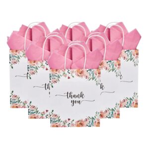 50 Pack Medium White & Spring Floral Thank You Paper Gift Bags with Handles 10 x8 x4 Inches and Pink Tissue Paper for Small Business Wedding Baby Shower Birthday Party Favors Goodies