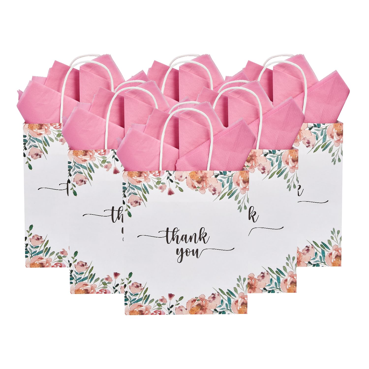 50 Pack Medium White & Spring Floral Thank You Paper Gift Bags with Handles 10 x8 x4 Inches and Pink Tissue Paper for Small Business Wedding Baby Shower Birthday Party Favors Goodies