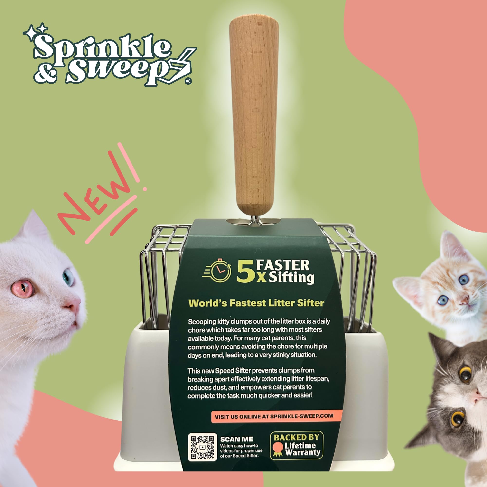 Sprinkle & Sweep Cat Litter Scoop - Heavy Duty Litter Scooper & Speed Sifter with Comfortable Beech Wood Grip - Metal Cat Litter Scoop, Washable Convenient Stand for Easy and Efficient Cleaning