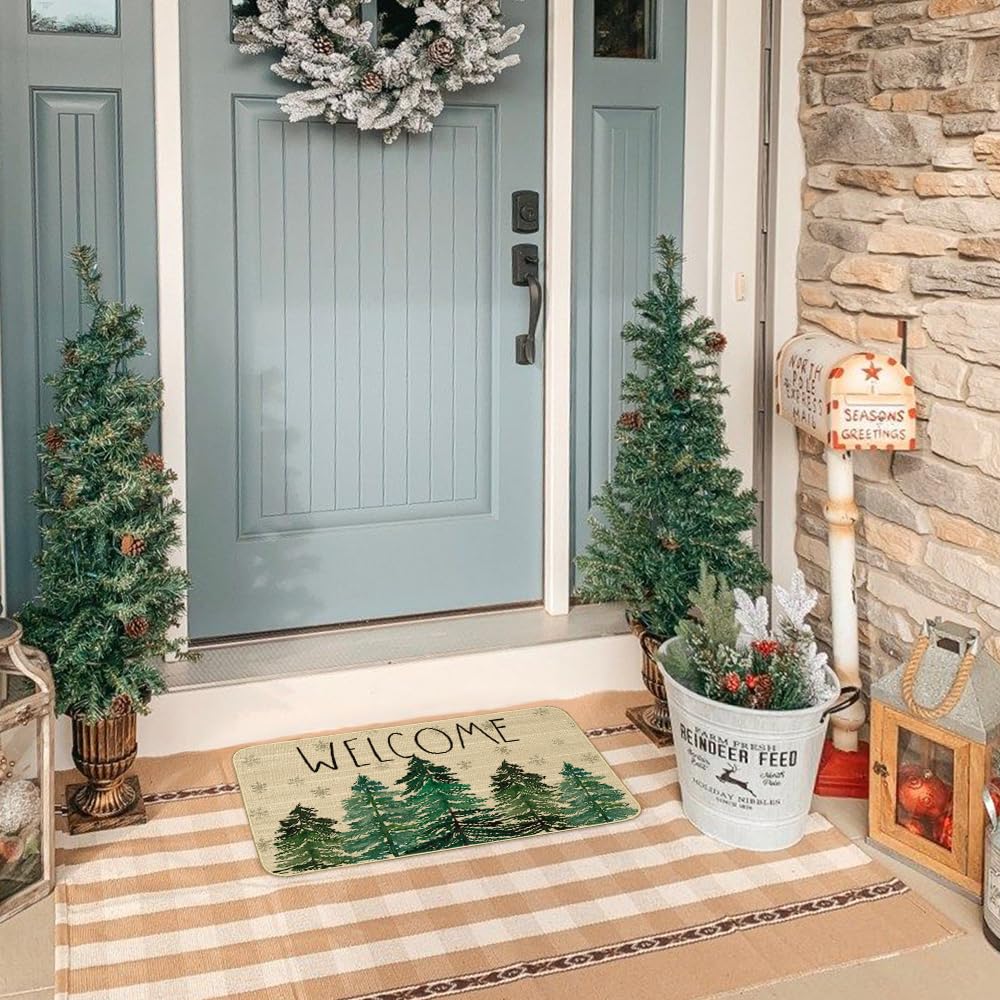 CROWNED BEAUTY Christmas Front Door Mat Pine Trees Doormat for Indoor Outdoor, Entry Rug for Outside Porch Entrance Welcome 17x29 Inch (Green)