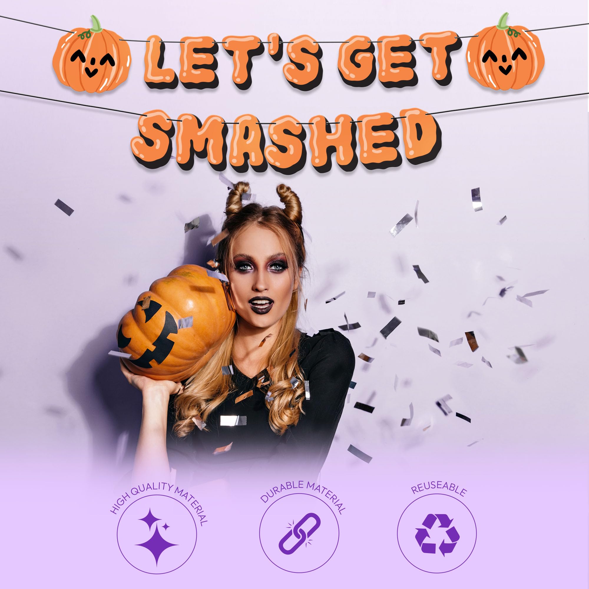 HOUSE OF PARTY Let's Get Smashed Halloween Banner - Indoor Halloween Party Decoration with Pumpkin Designs - Perfect for Mantle, Halloween Party Favors and Decorations