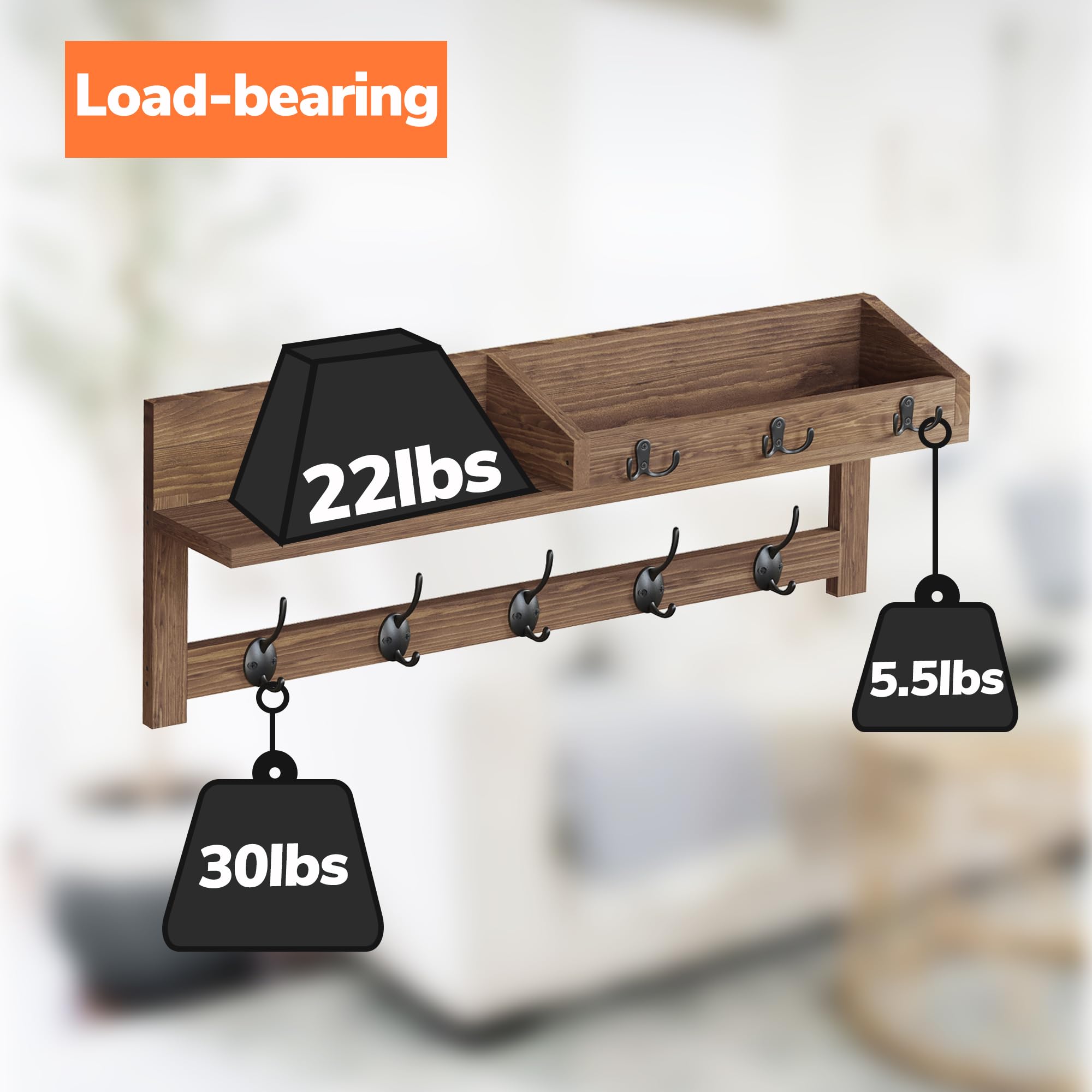 AMBIRD Wall Hooks with Shelf 26.57inch Entryway Wall Hanging Shelf Wood Coat Hooks for Wall with Shelf Coat Rack Wall Mount Rack with 5 Dual Hooks 3 Key Hooks Mail Organizer and Key Rack Key Holder