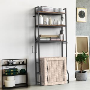 NOVIMANGO Over The Toilet Storage, Over Toilet Bathroom Organizer 3 Tier, Above Toilet Storage Rack for Bathroom Freestanding Bathroom Space Saver with Metal Frame and 4 Hooks for Laundry, Brown