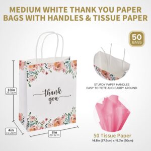 50 Pack Medium White & Spring Floral Thank You Paper Gift Bags with Handles 10 x8 x4 Inches and Pink Tissue Paper for Small Business Wedding Baby Shower Birthday Party Favors Goodies