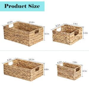 MOOACE Wicker Storage Baskets Set of 4, Water Hyacinth Storage Baskets for Organizing, Woven Storage Basket for Shelves, With Built-In Handles