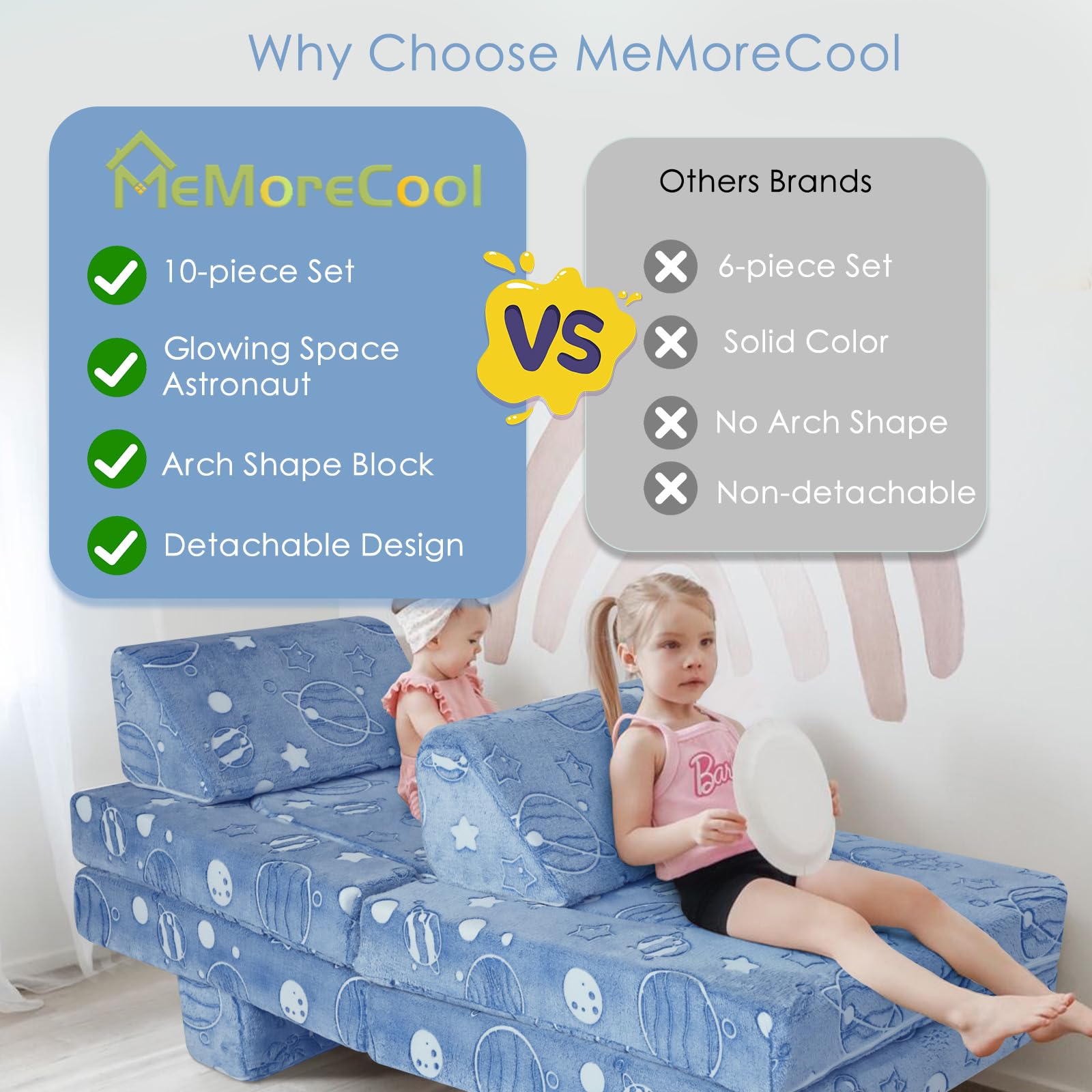 MeMoreCool Kids Couch, 10-Piece Modular Play Couch for Playroom, Fold Out Kids Sofa for Girl Boy, Glow Space