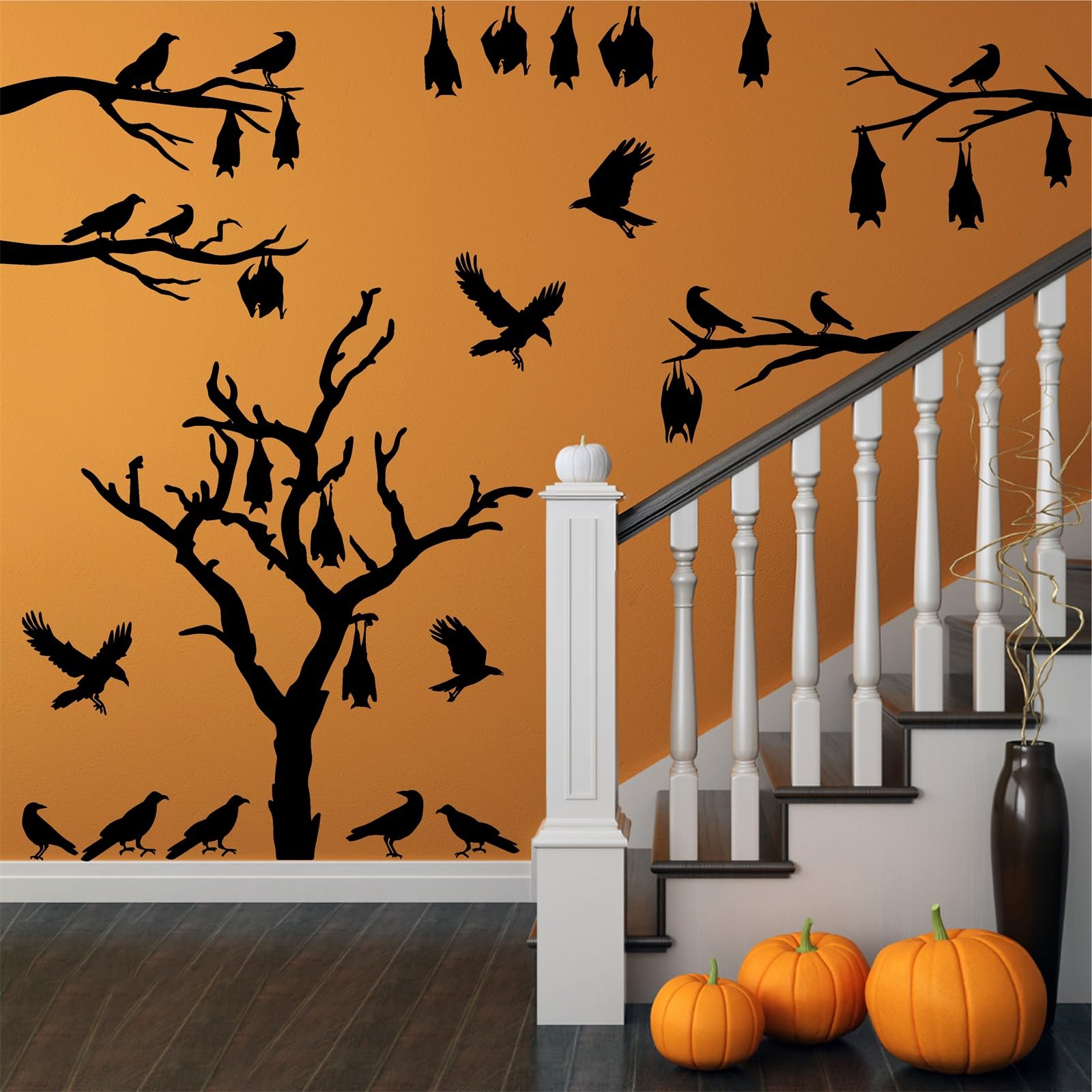 Large Halloween Window Stickers Halloween Tree Wall Decals Bats Stickers Black Bird Crow Decals Peel and Stick Vinyl Halloween Tree Branch Wall Art Sticker Halloween Wall Decor for Party Supplies Gift