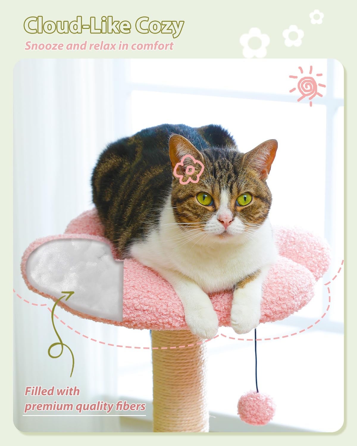 MUTTROS Flower Cat Tree with Large Metal Frame Hammock, 35" Cute Cat Tower with Sisal Scratching Posts for Small Indoor Cats, Cat Condo with Pink Top Perch for Kittens, Pink