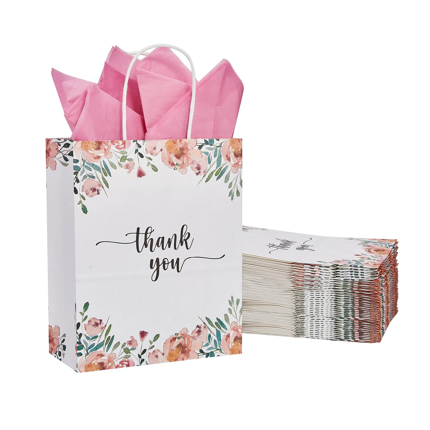 50 Pack Medium White & Spring Floral Thank You Paper Gift Bags with Handles 10 x8 x4 Inches and Pink Tissue Paper for Small Business Wedding Baby Shower Birthday Party Favors Goodies