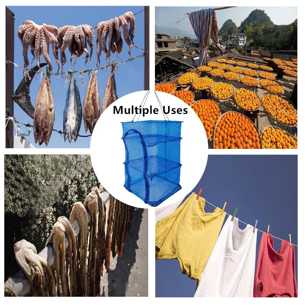 EarfnBabi Drying Rack Foldable Fishing Mesh 4 Layers Hanging Drying Fish Net Foldable Nylon Netting Dryer, for Seeds Fish Vegetables Fruit Herb Food Clothes, Zipper Opening Blue 13.77"x13.77"x23.62"