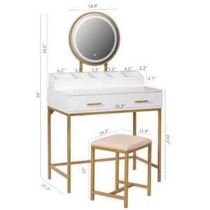 UTEX Makeup Vanity Desk with Mirror and Lights, Makeup Vanity Set with Drawers, Small Makeup Vanity Table, 3 Lighting Modes Dresser Desk and Cushioned Stool Set for Bedroom White and Gold