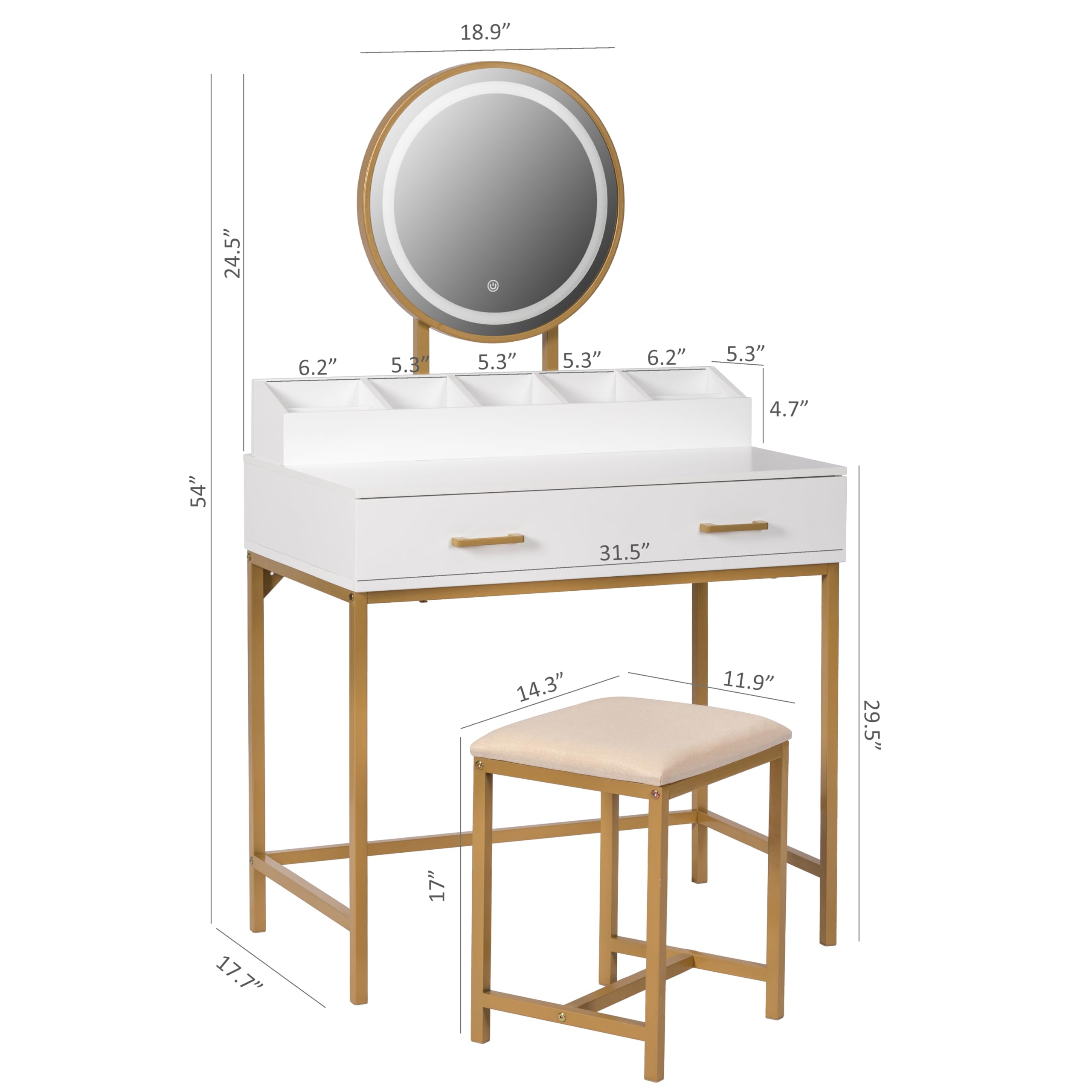 UTEX Makeup Vanity Desk with Mirror and Lights, Makeup Vanity Set with Drawers, Small Makeup Vanity Table, 3 Lighting Modes Dresser Desk and Cushioned Stool Set for Bedroom White and Gold