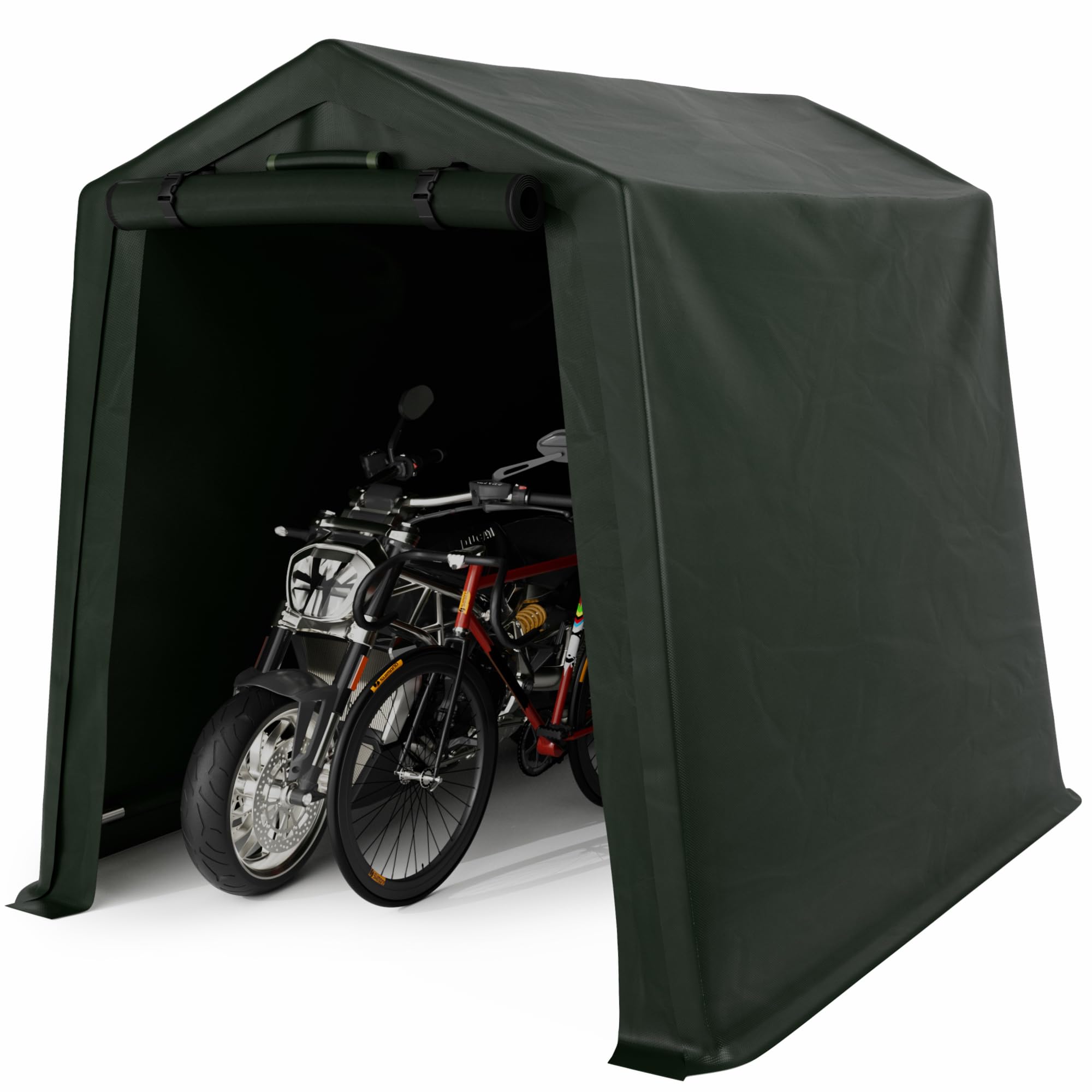 Greesum 6 x 6 ft Storage Shed Canopy Portable Shelter Heavy Duty Outdoor Carport with Roll-up Zipper Door for Bike, Motorcycle, Garden Storage, Waterproof and UV Resistant, Green