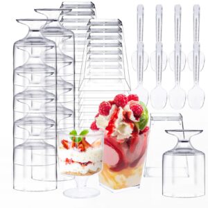 whaline 100pcs 5oz dessert cups with spoons 50 pcs clear plastic mini square dessert goblet appetizer cups 50 pcs plastic spoons for fruit ice cream cake party events supplies