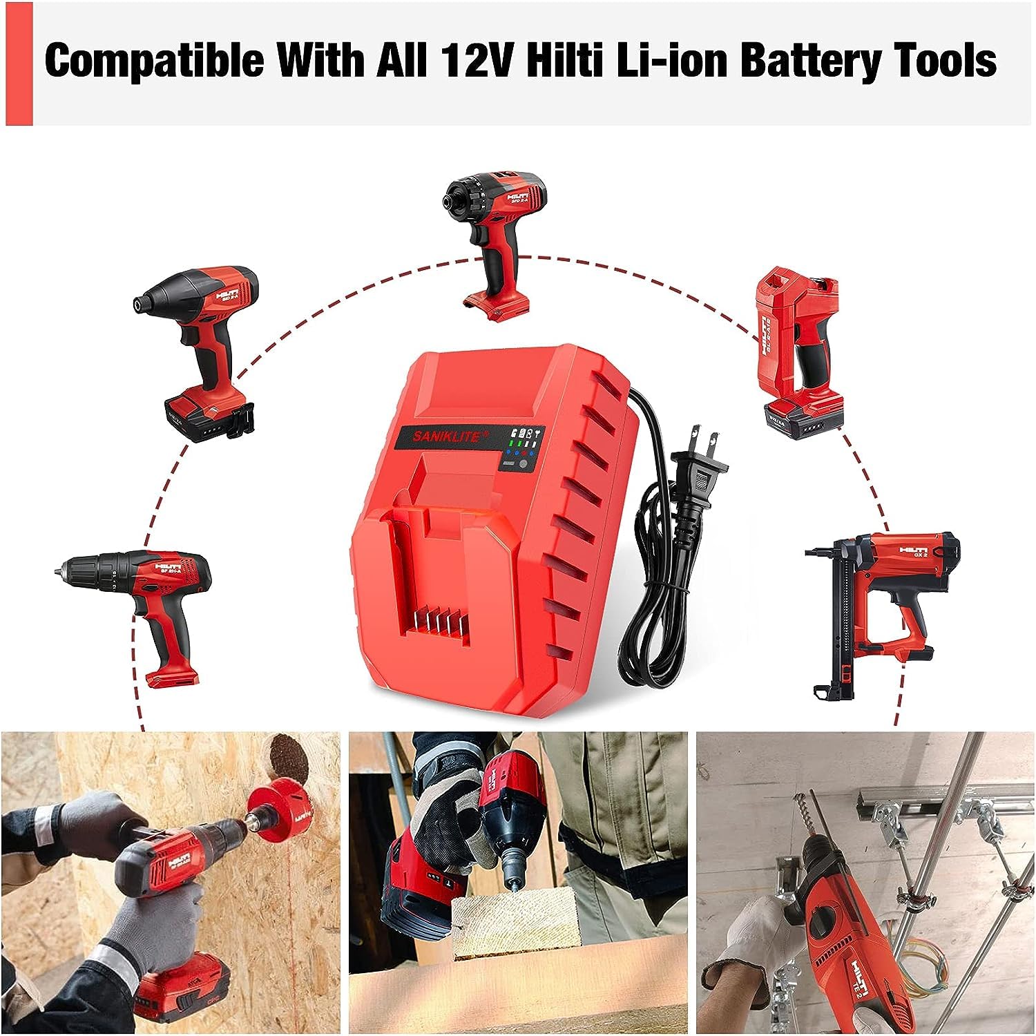 Battery Charger For Hilti, Portable C 4/12-50 12V Lithium Power Tools Battery Charger, 57W Fast Charging With Dual LED Systems & USB Port Cordless Battery Pack Charger For Hilti 12 Volt Li-ion Battery