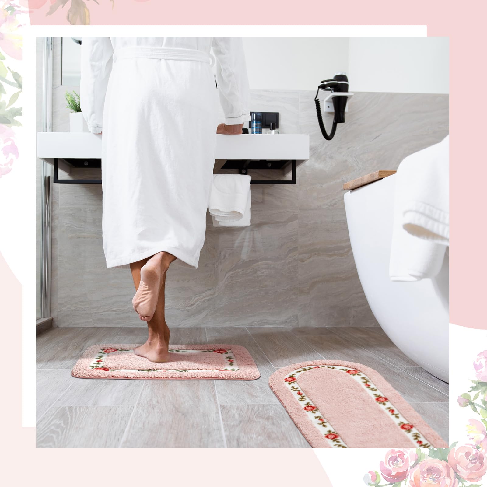 Drydiet 2 Pcs Rose Flowers Coquette Bathroom Rugs Set Coquette Bathroom Bedroom Living Room Decor,Floral Flower Rugs for Bedroom Non Skid Absorbent Romantic Rose Flower Area Rugs 2 Shapes(Pink,Small)