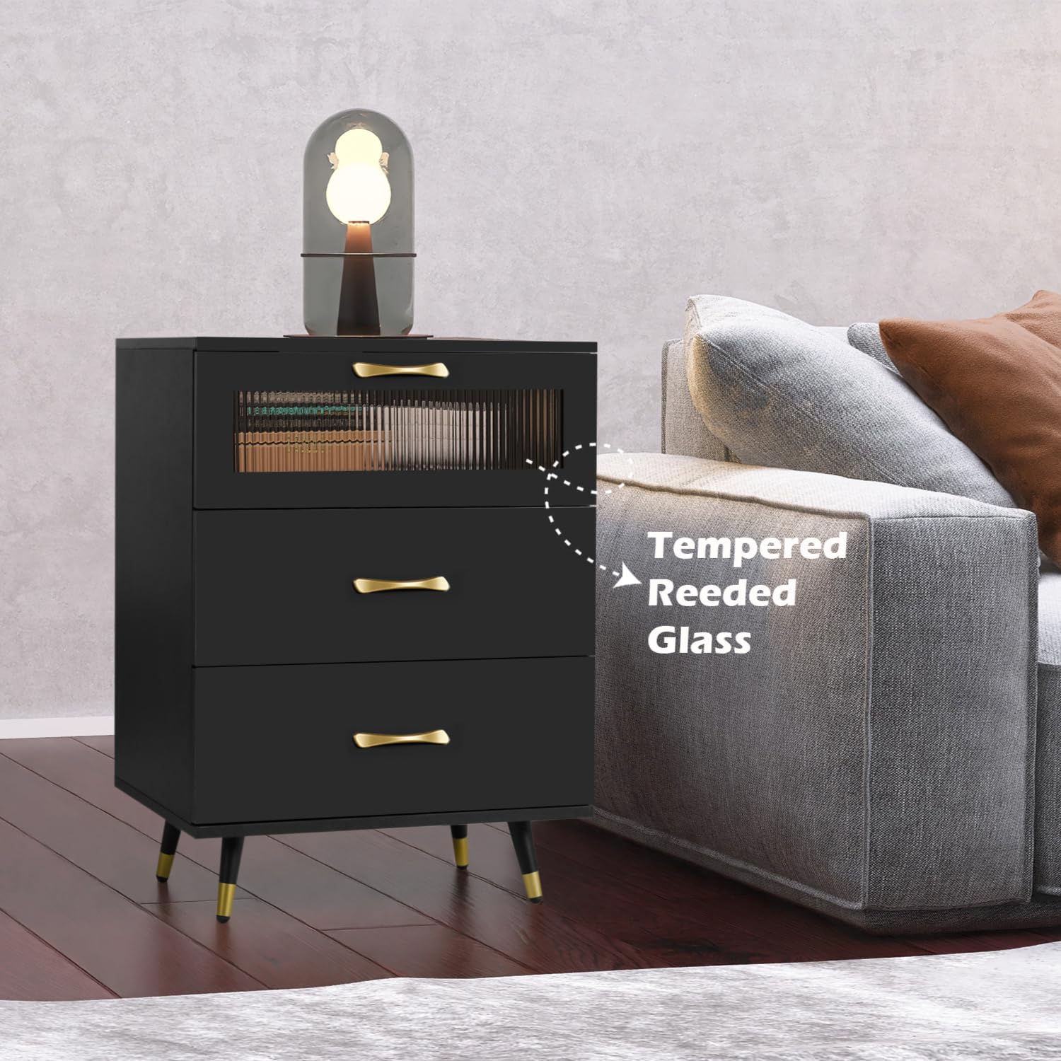 Black Accent Nightstand with USB Charge Modern 3 Drawer Nightstand Bedroom Dresser Bedside Cabinet Furniture Night Stand Perfect for Home, Bedroom Living Room Accessories Black