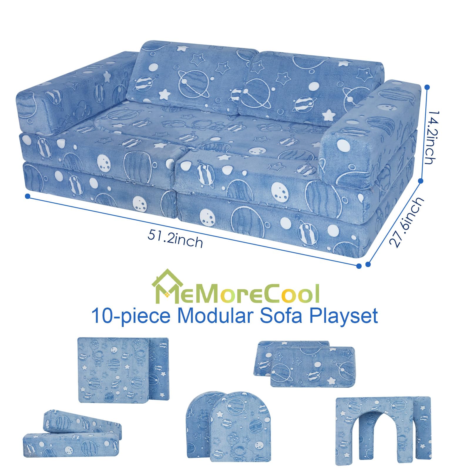 MeMoreCool Kids Couch, 10-Piece Modular Play Couch for Playroom, Fold Out Kids Sofa for Girl Boy, Glow Space