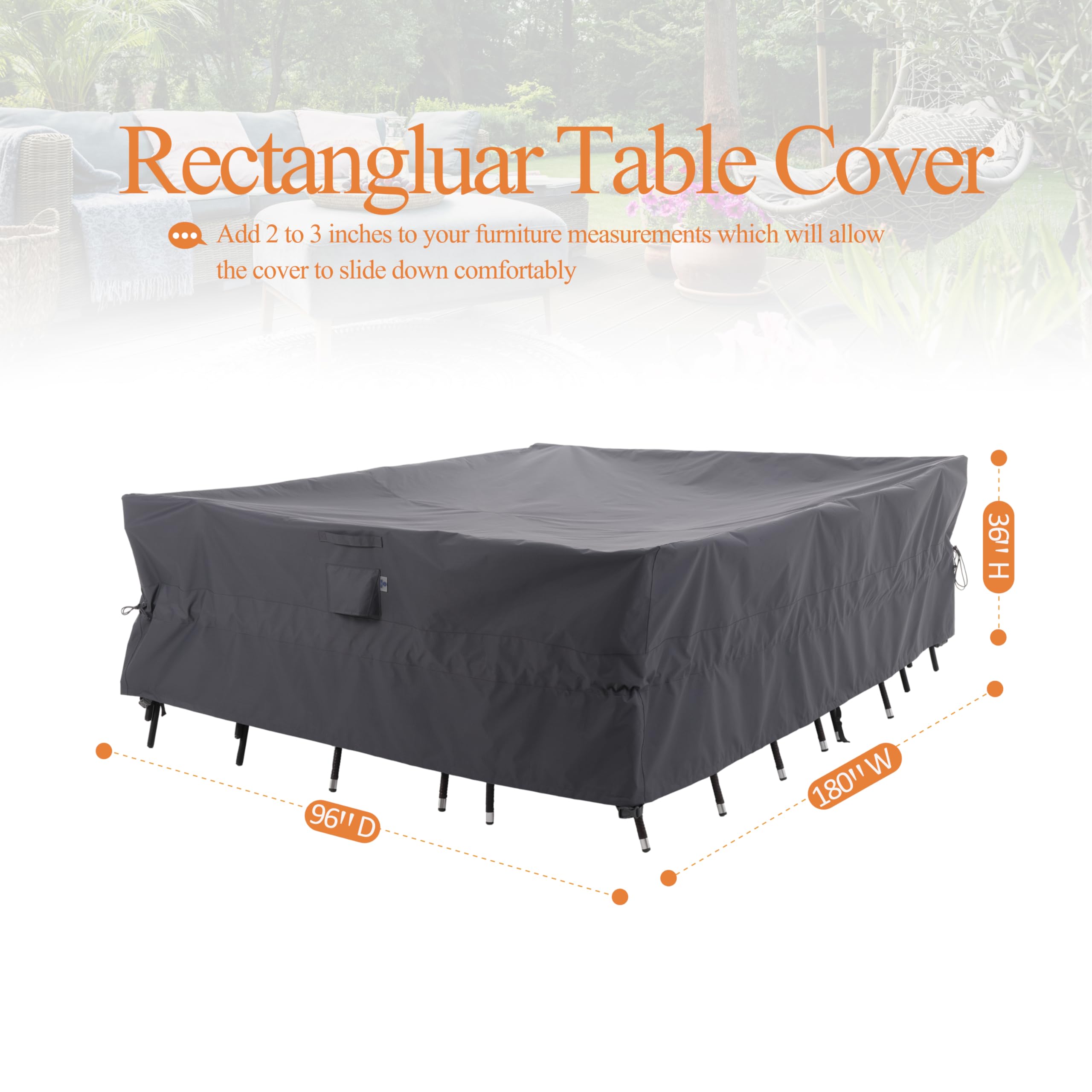 WJ-X3 Extra Large Patio Furniture Set Covers Waterproof, Outdoor Table Cover Heavy Duty, Lawn Sectional Set Cover Anti-fading, High Wind Resistant & Anti-UV, 180W x 96D x 36H In, Grey