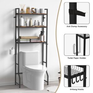 NOVIMANGO Over The Toilet Storage, Over Toilet Bathroom Organizer 3 Tier, Above Toilet Storage Rack for Bathroom Freestanding Bathroom Space Saver with Metal Frame and 4 Hooks for Laundry, Brown