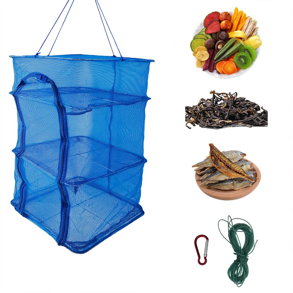 EarfnBabi Drying Rack Foldable Fishing Mesh 4 Layers Hanging Drying Fish Net Foldable Nylon Netting Dryer, for Seeds Fish Vegetables Fruit Herb Food Clothes, Zipper Opening Blue 13.77"x13.77"x23.62"