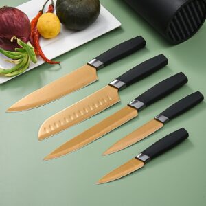 Kitchen Knife Set, 6 Pieces Professional Chef Knife Set with Block, Stainless Steel Sharp Nonstick Cooking Knife Set with Gold Blades, Kitchen Knife Block Set for Cutting, Slicing, Chopping (Gold)