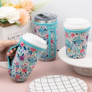 3 Reusable Iced Coffee Sleeves for Iced Coffee Cups or Drinks Reusable Neoprene Insulated Sleeves for Hot and Cold Drinks from Starbucks, Dunkin, And More (White Flower Bush)