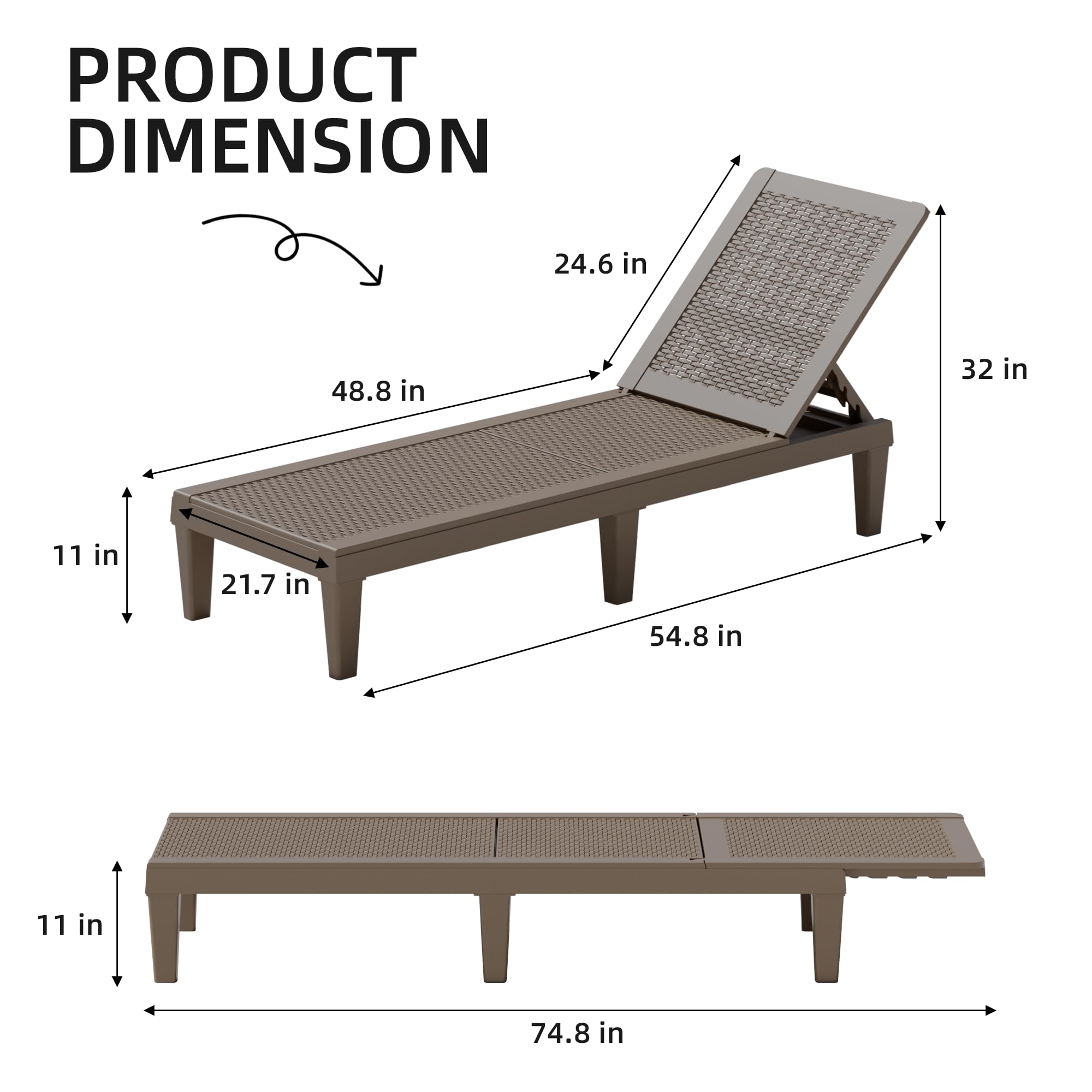 Greesum Outdoor Chaise Lounge Chairs Set of 2 with Adjustable Backrest, Waterproof PE Easy Assembly, Lightweight for Patio, Poolside, Beach, Yard, Dark Brown