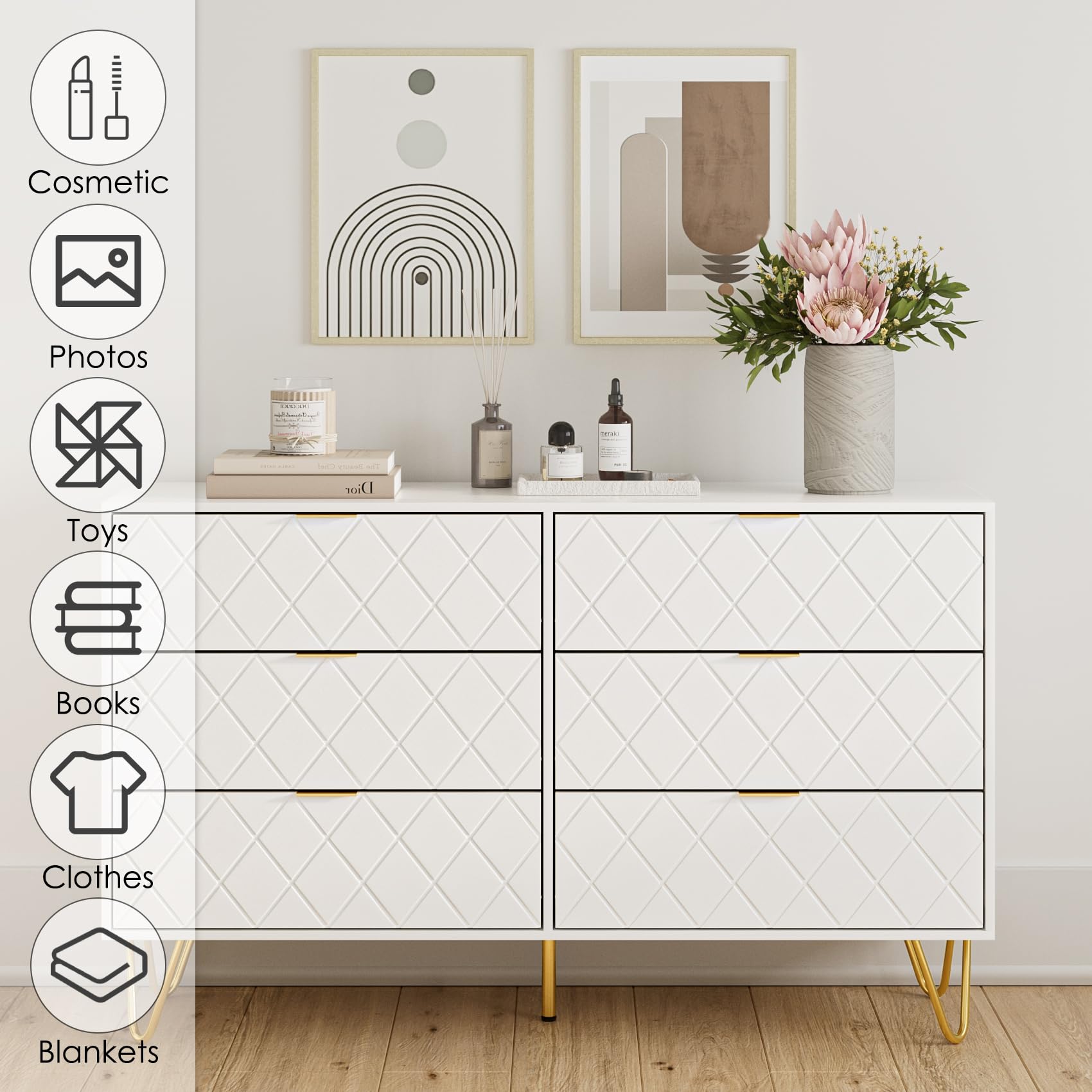 Masupu 6 Drawer Dresser, Modern Drawer Chest, Wide Storage Dresser Chest Cabinet Organizer Unit with Metal Legs, Chest of Drawers for Bedroom, Living Room, Closet, Entryway, White Large