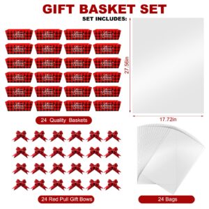 Cholemy 72 Pcs Christmas Gift Baskets Empty to Fill Kit DIY Basket for Gifts Empty Bulk 24 Market Tray Favor with Handles 24 Clear Basket Bags 24 Bows for Xmas Holiday Birthday(Buffalo Plaid)