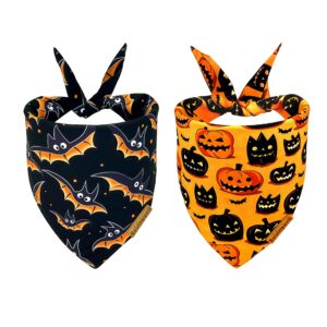 raisingwell halloween dog bandanas 2 pack bat pumpkin pattern dog bibs reversible washable durable fall dog scarf suitable for small to x- large breed dog boy and girl (large)