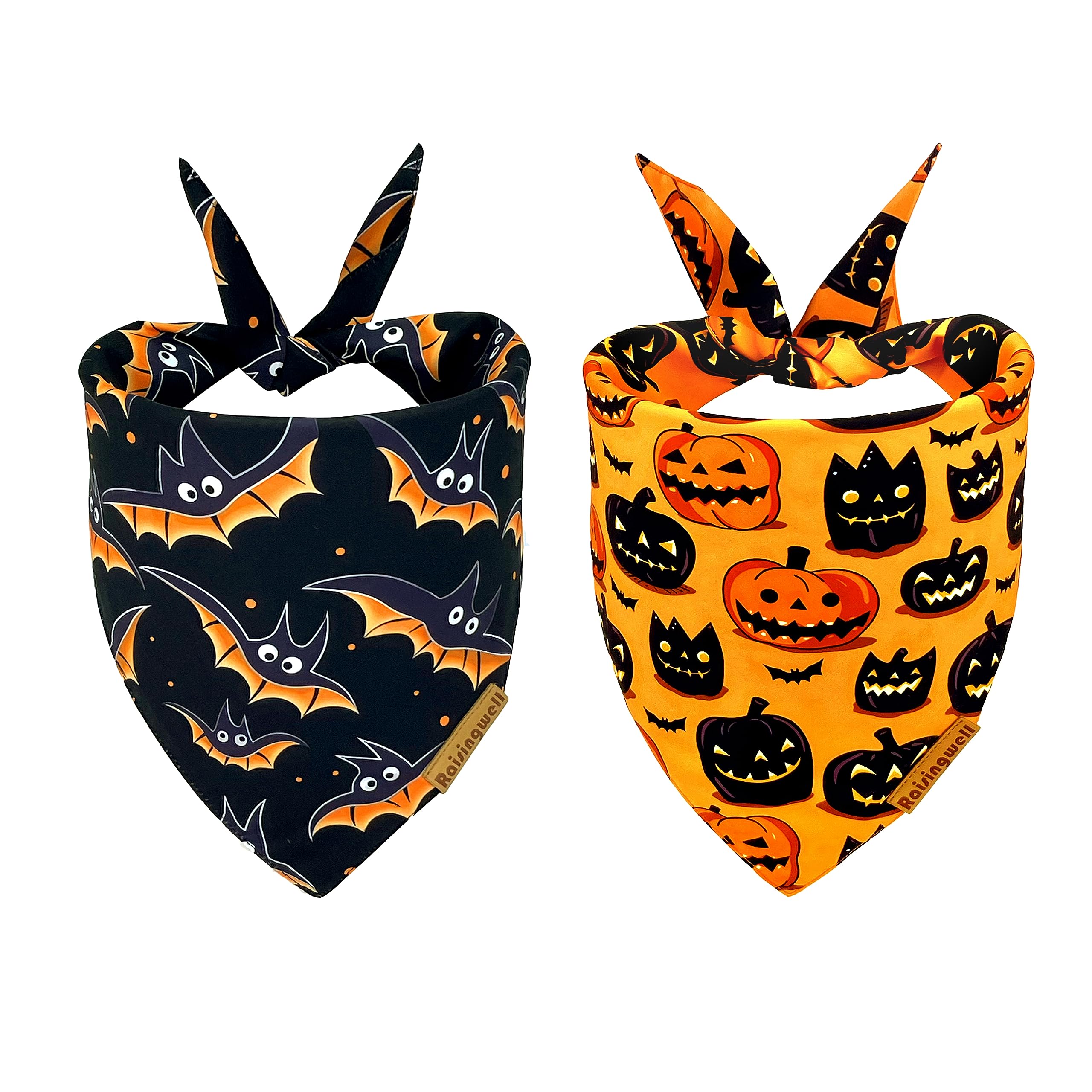 Raisingwell Halloween Dog Bandanas 2 Pack Bat Pumpkin Pattern Dog Bibs Reversible Washable Durable Fall Dog Scarf Suitable for Small to X- Large Breed Dog Boy and Girl (Large)