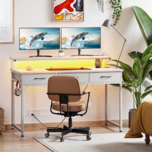 ODK 48 Inch Computer Desk with 3 Drawers and USB Power Outlets, Home Office Desks with LED Lights and Adjustable Monitor Stand, Work from Home, Modern Work/Writing/Study Table for Bedroom, White