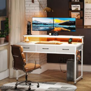 ODK 48 Inch Computer Desk with 3 Drawers and USB Power Outlets, Home Office Desks with LED Lights and Adjustable Monitor Stand, Work from Home, Modern Work/Writing/Study Table for Bedroom, White