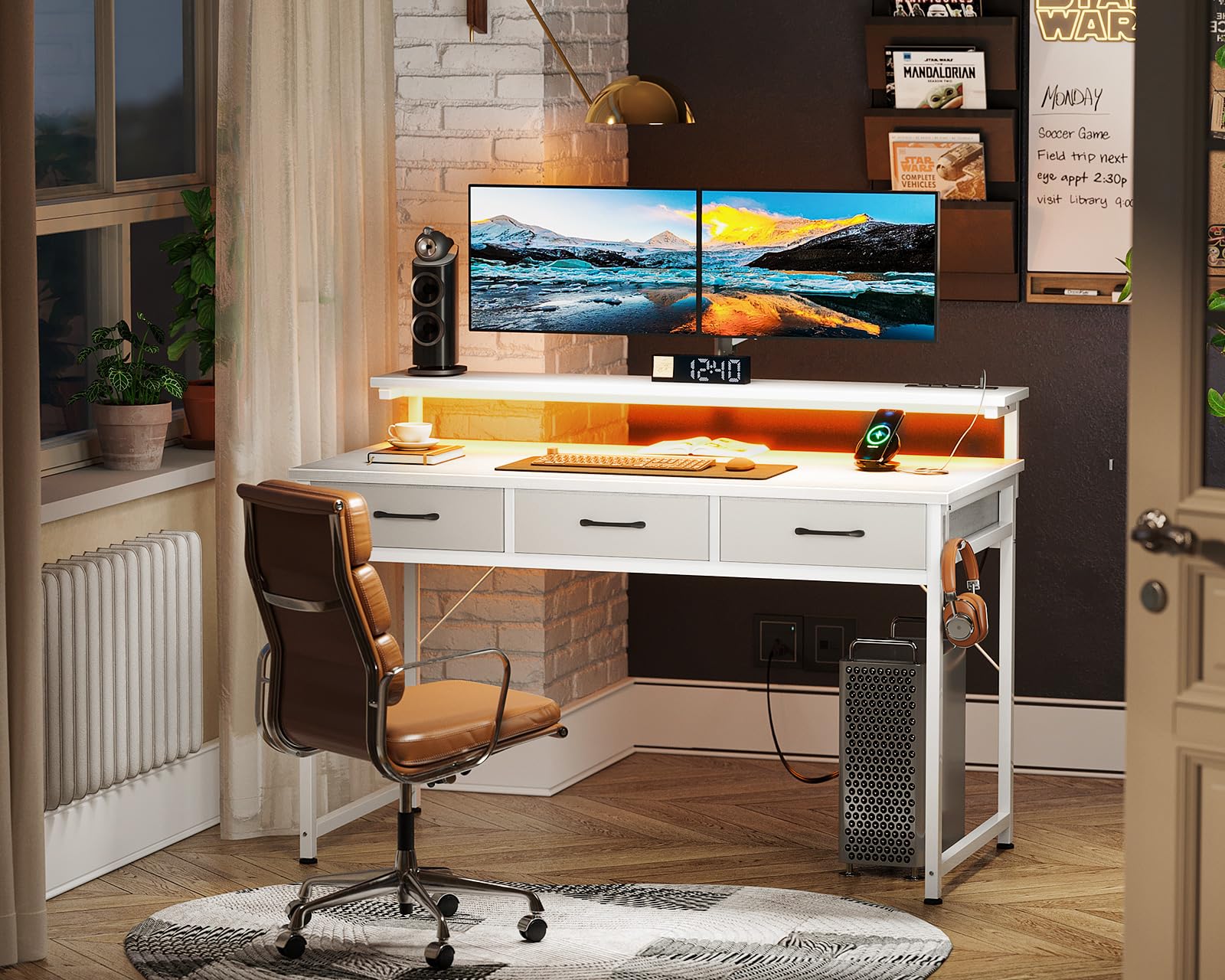 ODK 48 Inch Computer Desk with 3 Drawers and USB Power Outlets, Home Office Desks with LED Lights and Adjustable Monitor Stand, Work from Home, Modern Work/Writing/Study Table for Bedroom, White