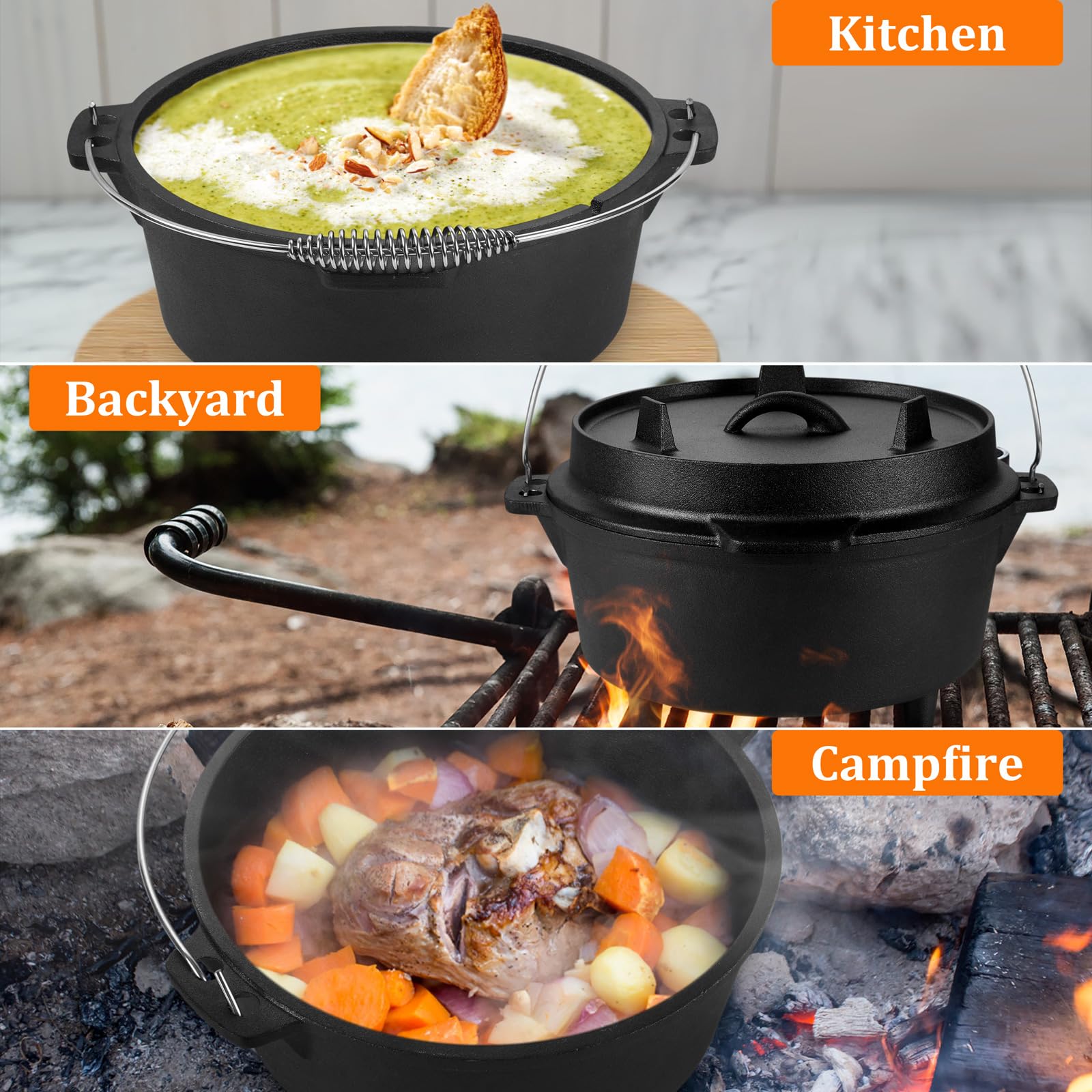 5QT Dutch Oven Camping, Leonyo 2 in 1 Camping Dutch Oven, Cast Iron Dutch Oven for Outdoor Camping, Heavy Duty & Pre-Seasoned Deep Pot for Sourdough Bread Baking, Campfire Cooking