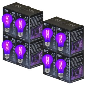 tito 8 pack e26 a19 filament led black light bulbs, uva 395nm 6w blacklight bulb 100w equivalent, black light bulb glow in dark halloween christmas party fluorescent tapestry poster decor body paint