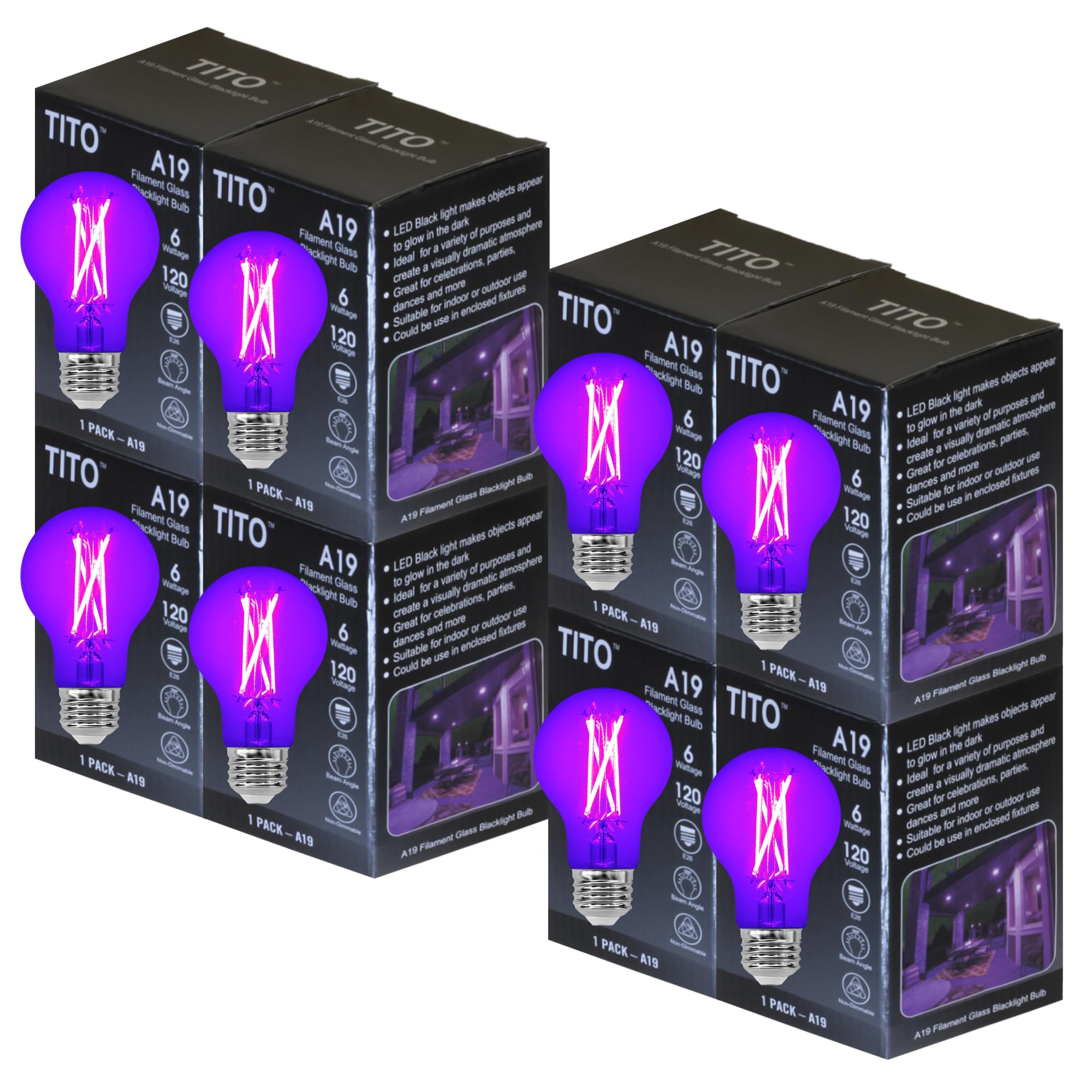 TITO 8 Pack E26 A19 Filament LED Black Light Bulbs, UVA 395nm 6W Blacklight Bulb 100W Equivalent, Black Light Bulb Glow in Dark Halloween Christmas Party Fluorescent Tapestry Poster Decor Body Paint