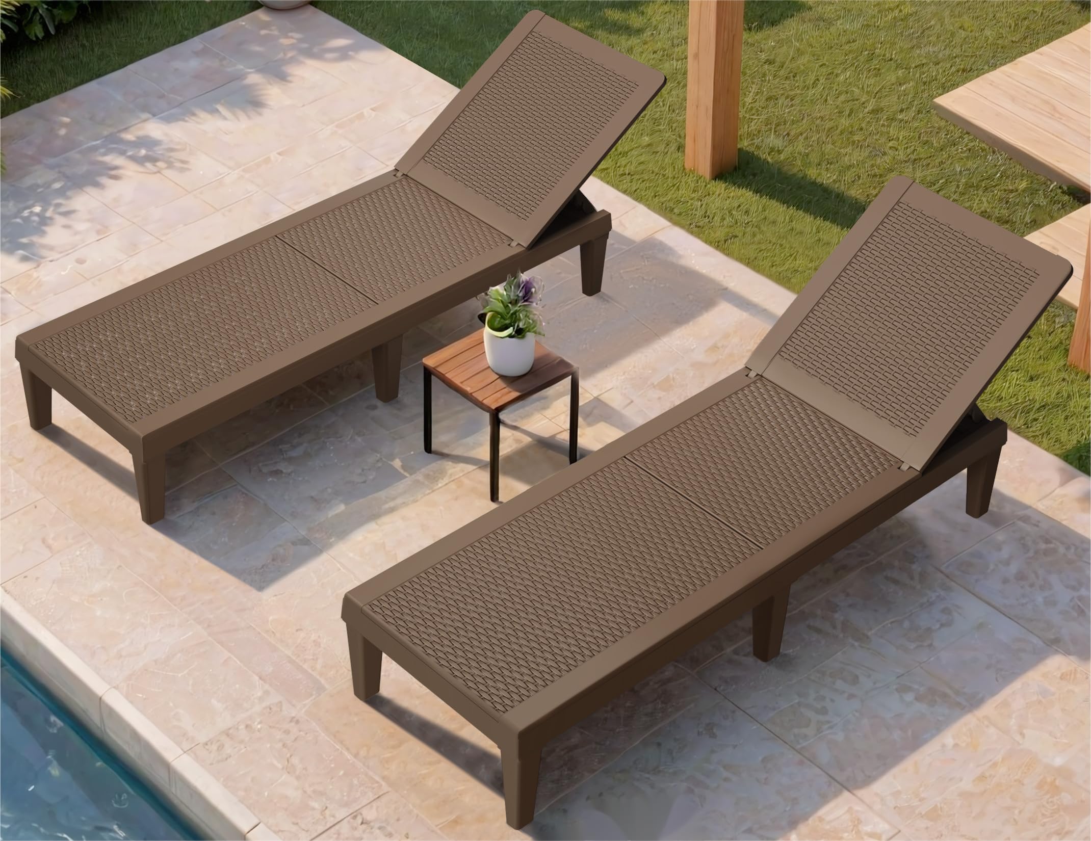 Greesum Outdoor Chaise Lounge Chairs Set of 2 with Adjustable Backrest, Waterproof PE Easy Assembly, Lightweight for Patio, Poolside, Beach, Yard, Dark Brown